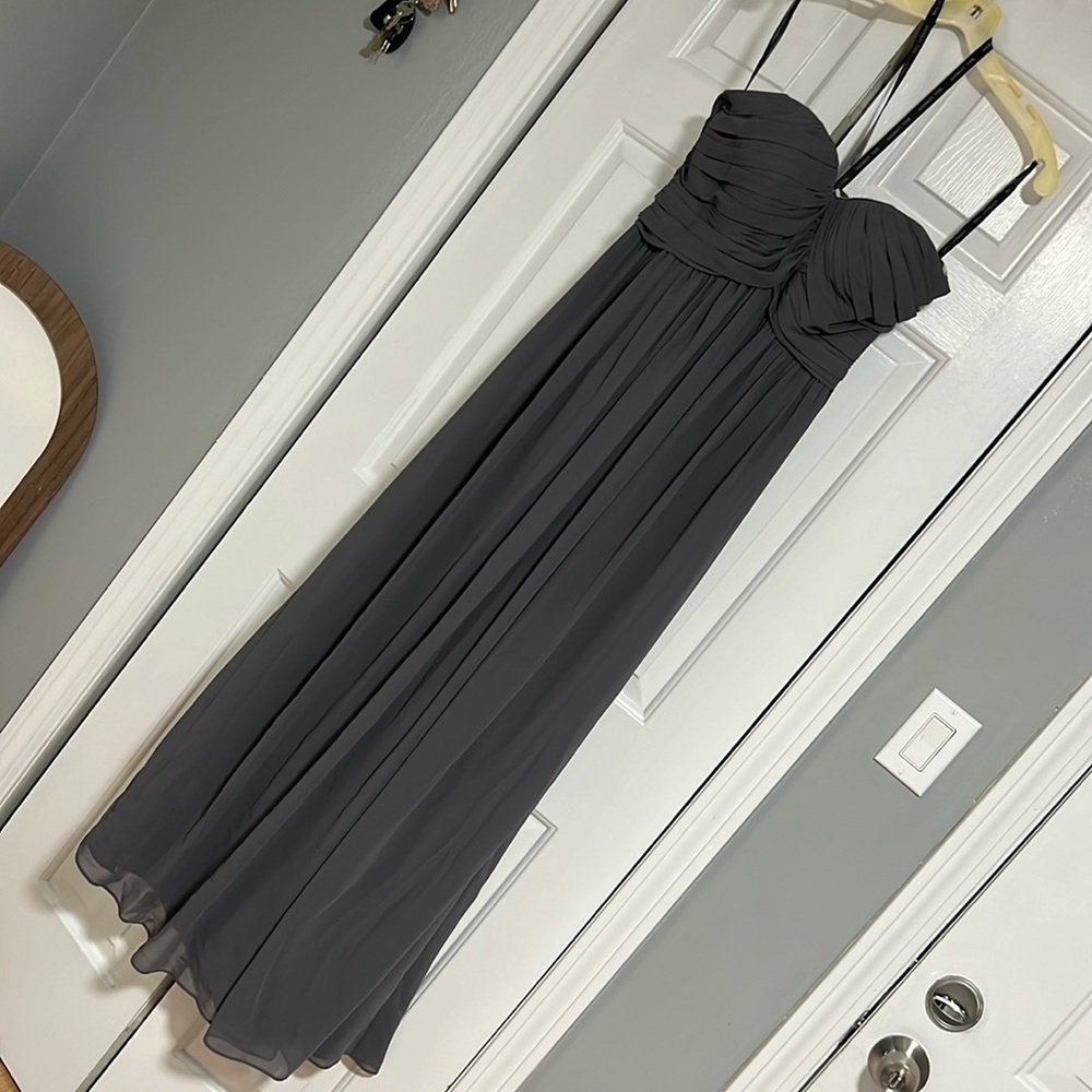 Grey strapless wedding guest dress.